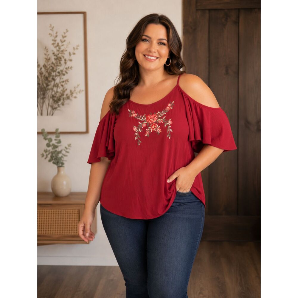 Plus Size XXL Red Cold Shoulder Embroidered Floral Top Women’s Boho Blouse